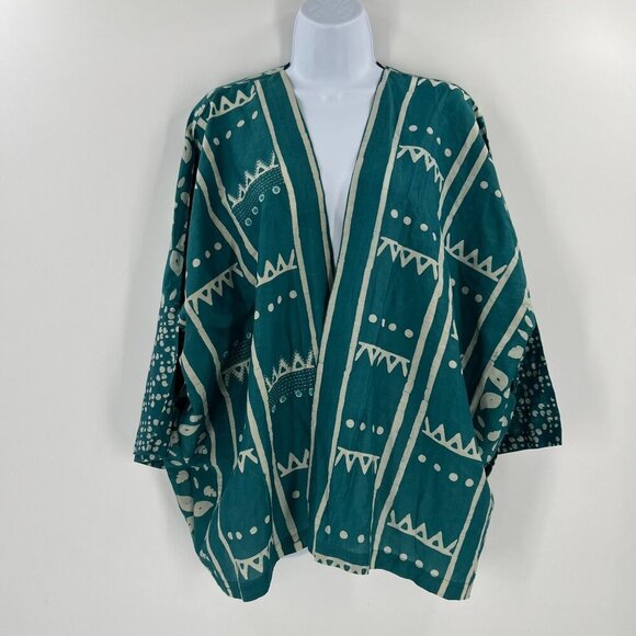 Marketplace of India S-L Silk Cotton Kimono Jacket Teal Global Batik Open Front - Picture 1 of 9